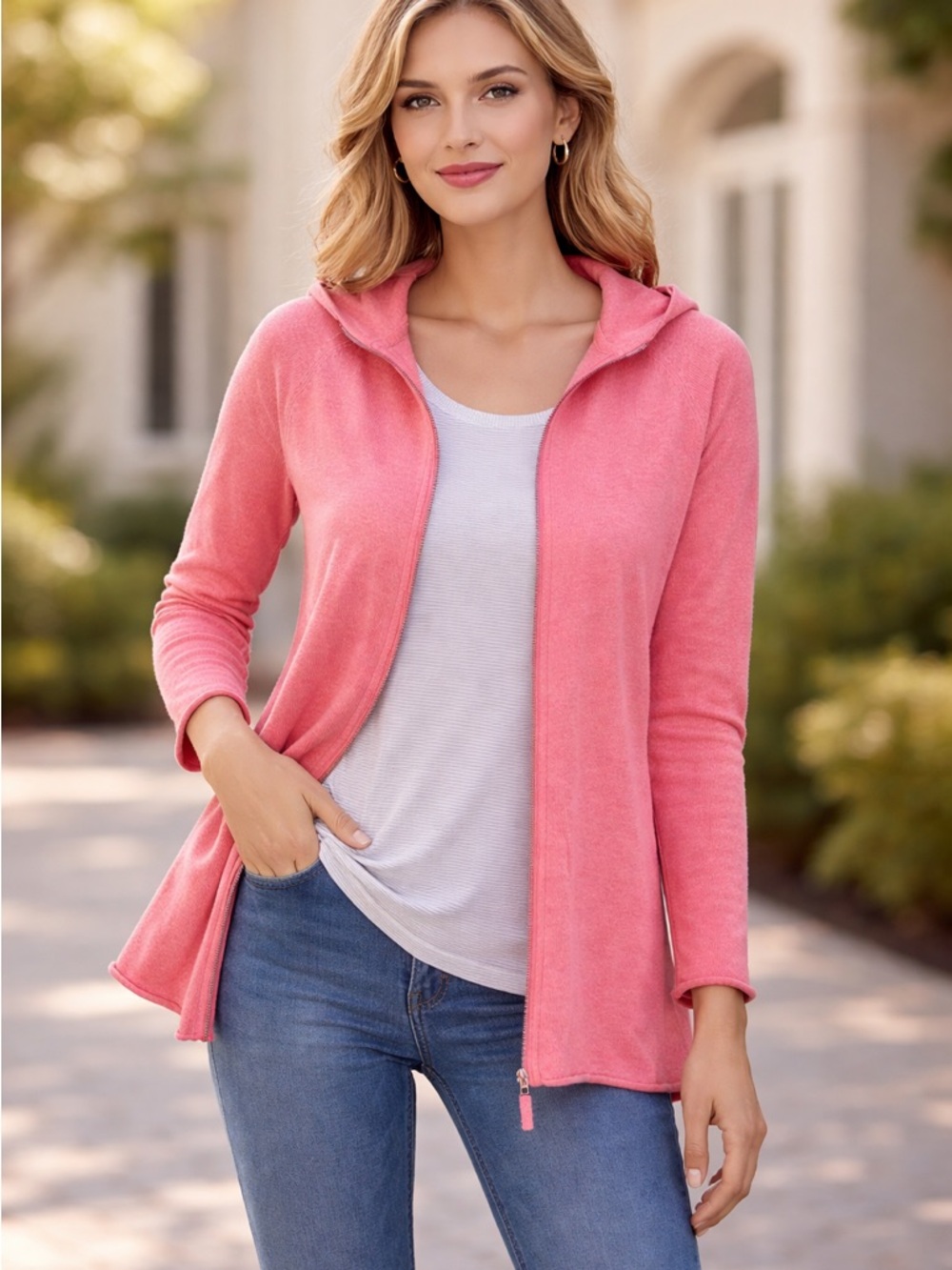 Cazzual Simple Laguna Beach Hooded Zip Cardigan Cotton Cashmere Knit